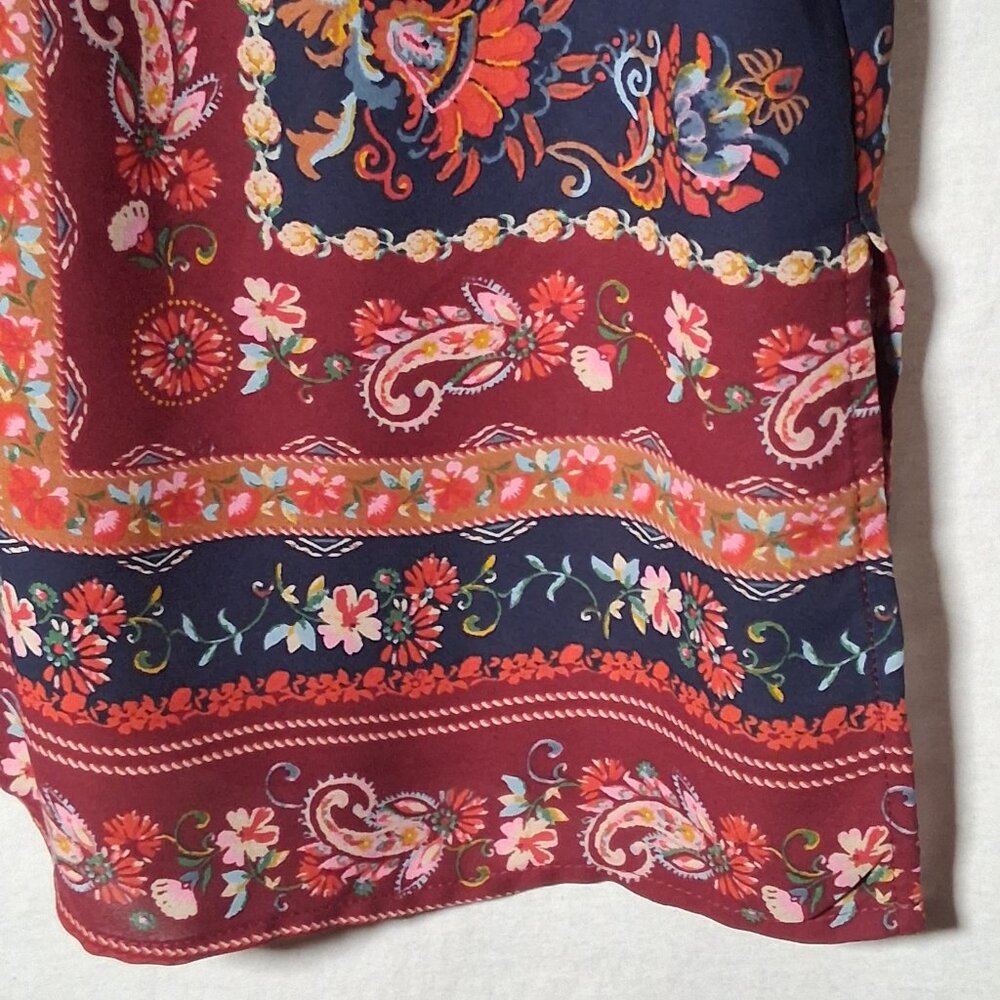 Dressbarn Blouse XL Maroon Blue Paisley Floral Tapestry Semi Sheer Long Sleeve - Picture 14 of 16